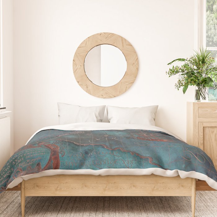 Antique Map Teal Blue and Copper Duvet Cover Gallery Image 3