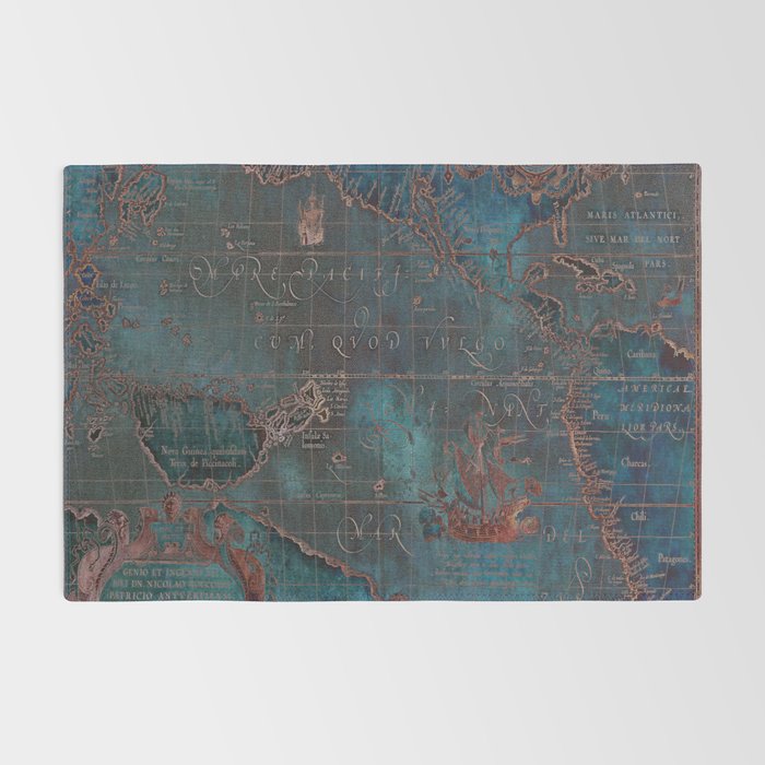 Antique Map Teal Blue and Copper Rug Gallery Image 2