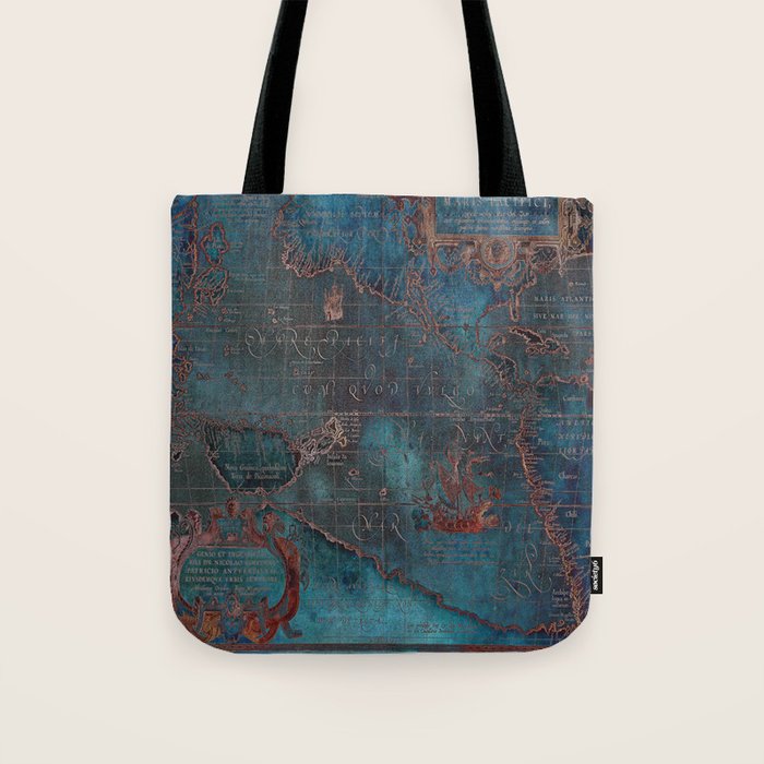 Antique Map Teal Blue and Copper Tote Bag Gallery Image 1