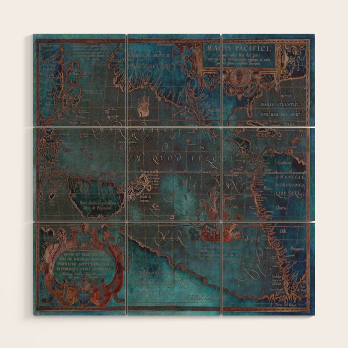 Antique Map Teal Blue and Copper Wood Wall Art Gallery Image 1