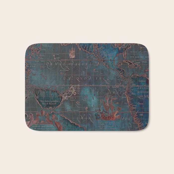 Antique Map Teal Blue and Copper Bath Mat Gallery Image 1