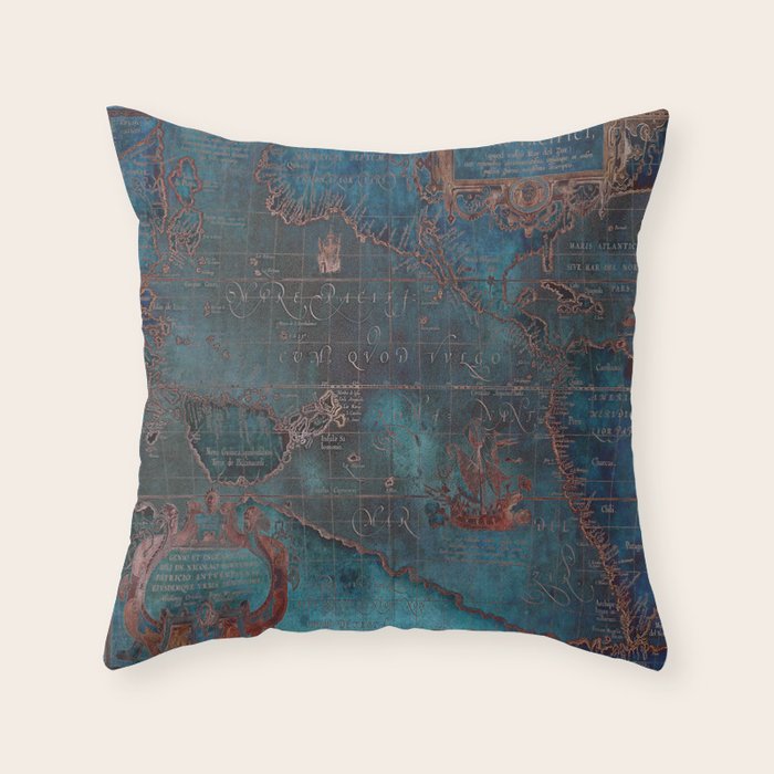 Antique Map Teal Blue and Copper Throw Pillow