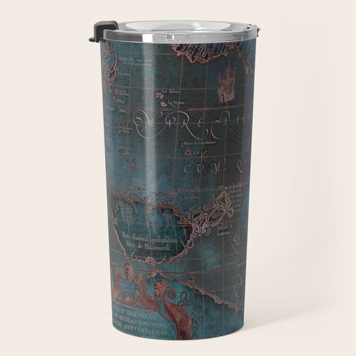 Antique Map Teal Blue and Copper Travel Mug Gallery Image 3