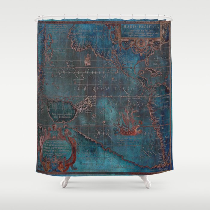 Antique Map Teal Blue and Copper Shower Curtain Gallery Image 1