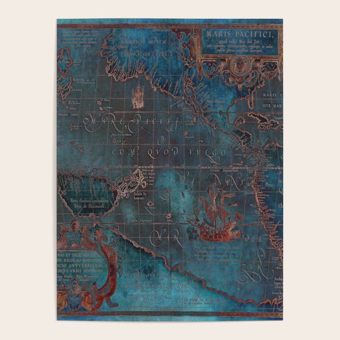 Antique Map Teal Blue and Copper Poster Gallery Image 4