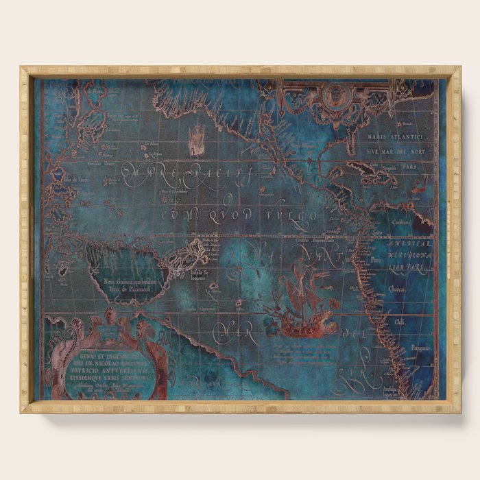 Antique Map Teal Blue and Copper Serving Tray Gallery Image 1