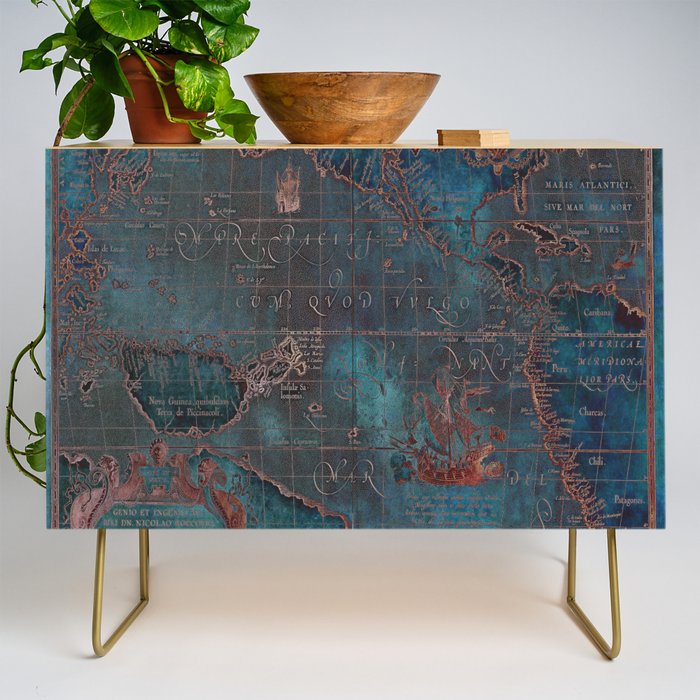 Antique Map Teal Blue and Copper Credenza Gallery Image 1