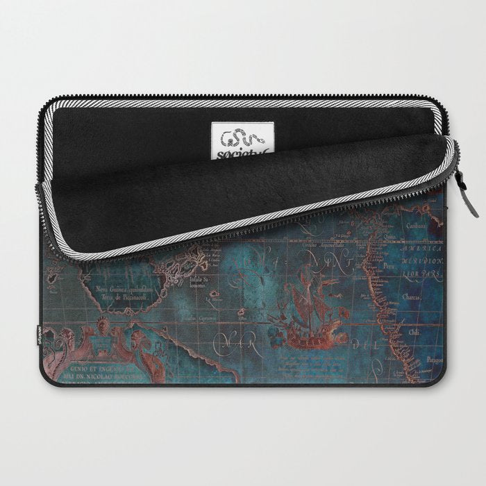 Antique Map Teal Blue and Copper Laptop Sleeve Gallery Image 2