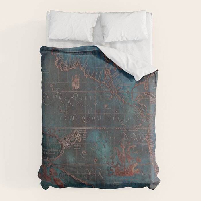 Antique Map Teal Blue and Copper Duvet Cover Gallery Image 6
