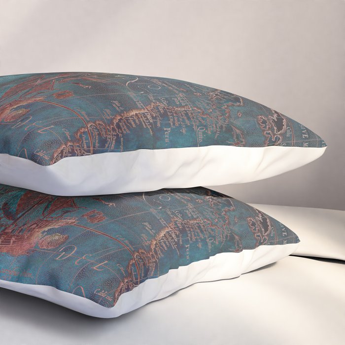 Antique Map Teal Blue and Copper Pillow Sham Gallery Image 3