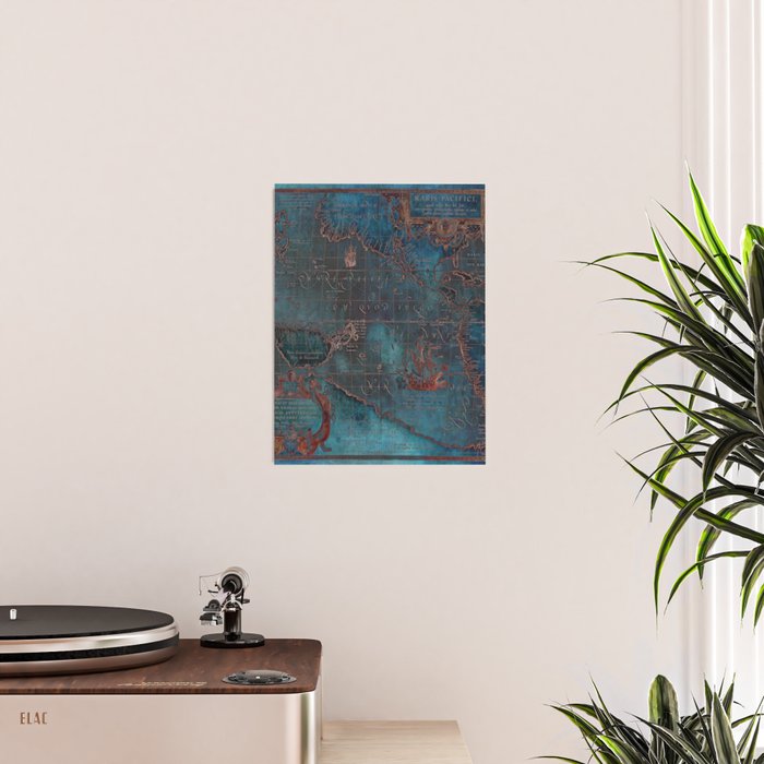 Antique Map Teal Blue and Copper Poster Gallery Image 2