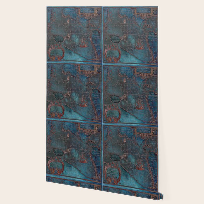 Antique Map Teal Blue and Copper Wallpaper Gallery Image 2