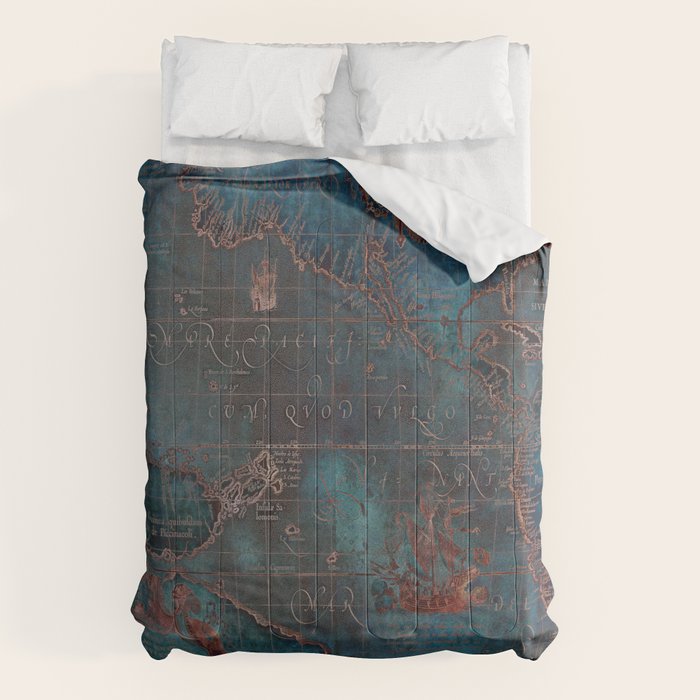 Antique Map Teal Blue and Copper Comforter Gallery Image 6
