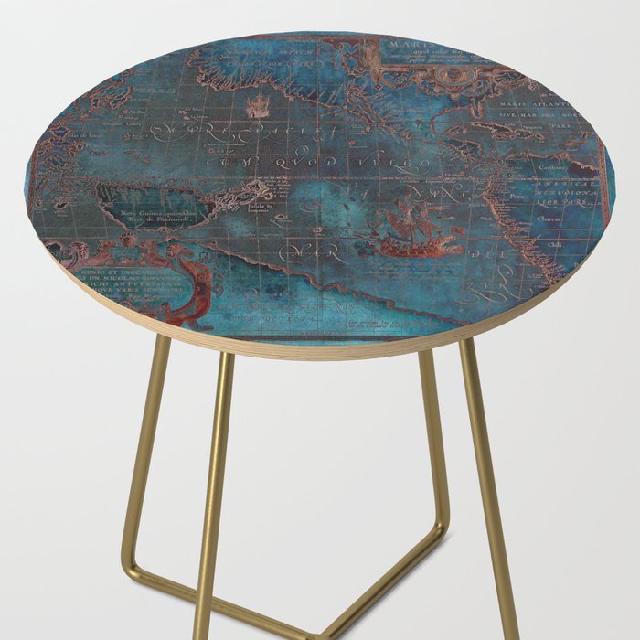 Antique Map Teal Blue and Copper Side Table Gallery Image 2