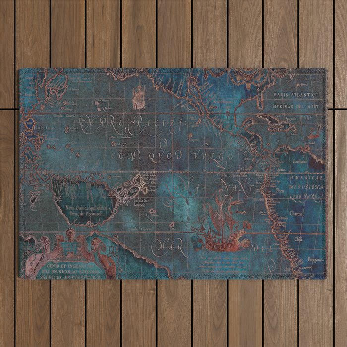 Antique Map Teal Blue and Copper Outdoor Rug Gallery Image 1