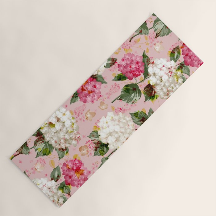 Vintage green pink white bohemian hortensia flowers Yoga Mat Gallery Image 1