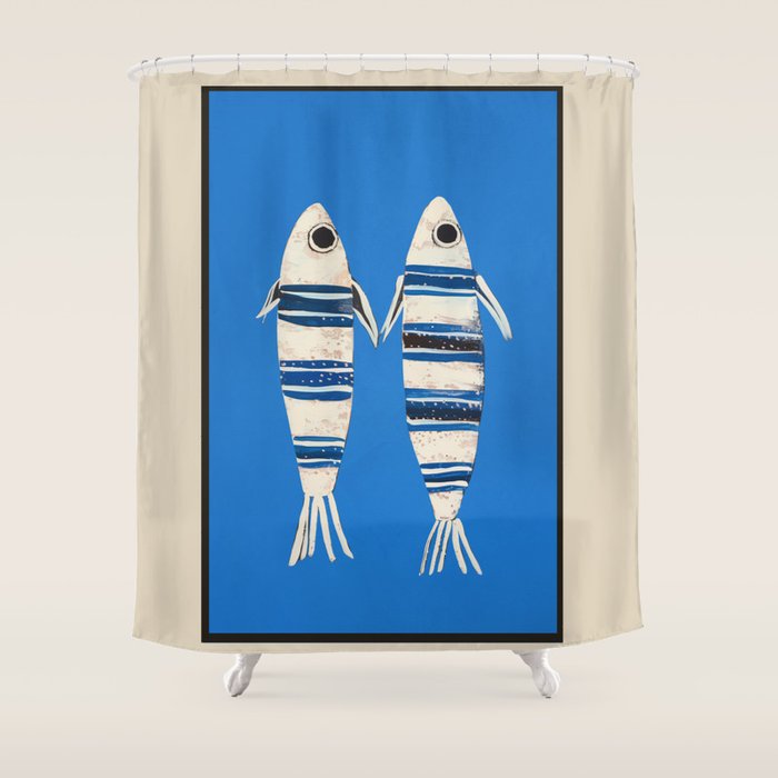Minimal Fish on Blue Shower Curtain Gallery Image 1