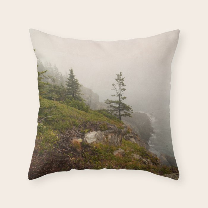 Bold Coast of Maine - travel photography grey landscape peridot green Throw Pillow Gallery Image 1