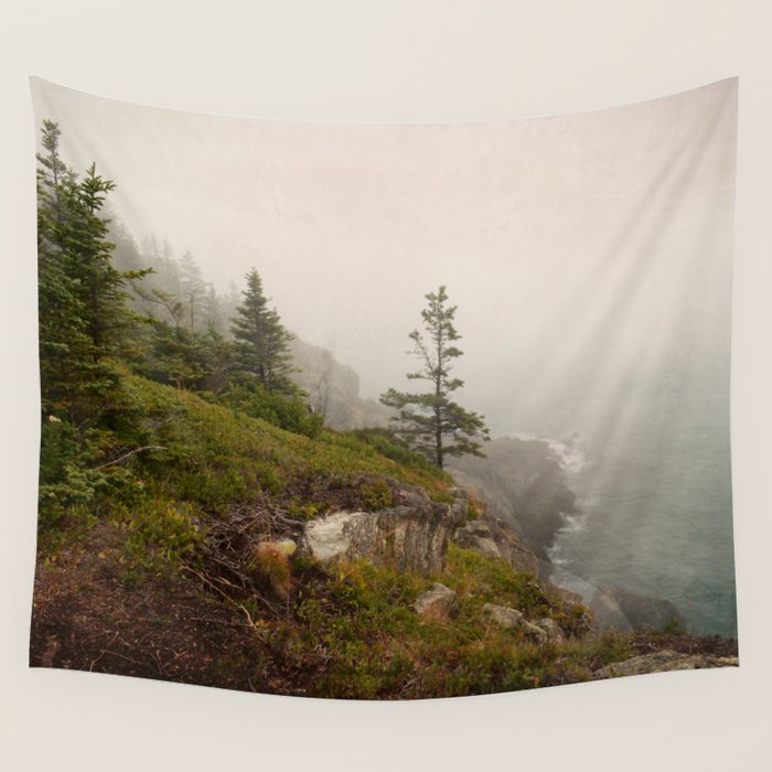 Bold Coast of Maine - travel photography grey landscape peridot green Wall Tapestry Gallery Image 4