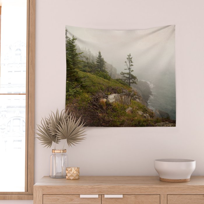 Bold Coast of Maine - travel photography grey landscape peridot green Wall Tapestry Gallery Image 2