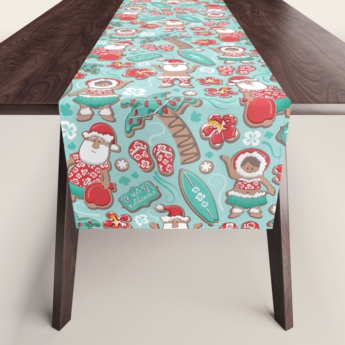 Mele Kalikimaka Hawaiian Christmas gingerbread cookies // aqua background Table Runner Gallery Image 1