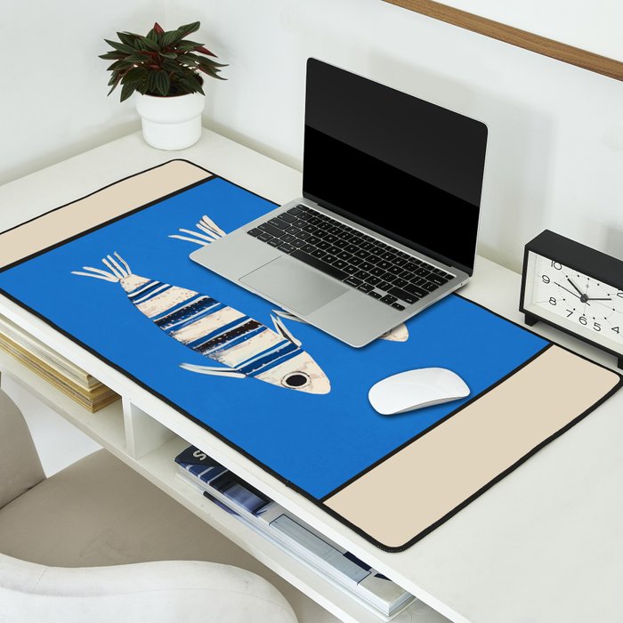Minimal Fish on Blue Desk Mat Gallery Image 2
