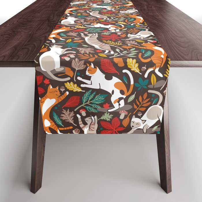 Autumn joy // brown oak background cats dancing with many leaves in fall colors Table Runner Gallery Image 1