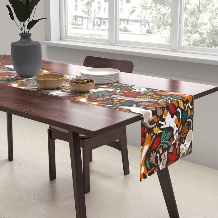Autumn joy // brown oak background cats dancing with many leaves in fall colors Table Runner Gallery Image 2