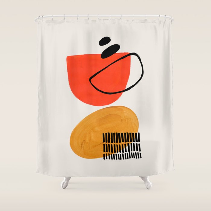 Orbital Fusion Yellow Orange Retro Mid Century Funky Fun Shapes Pattern by Ejaaz Haniff Shower Curtain Gallery Image 1