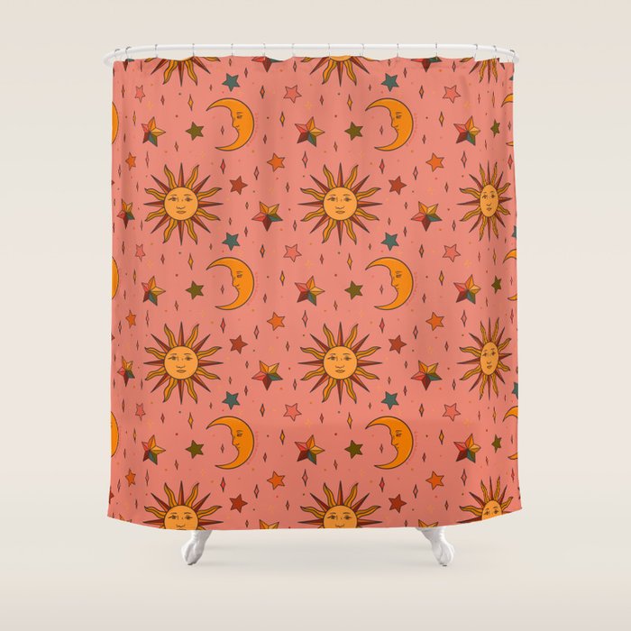 Folk Moon and Star Print Shower Curtain Gallery Image 1