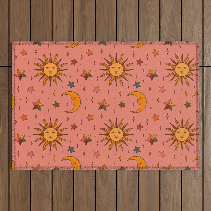 Folk Moon and Star Print Outdoor Rug Gallery Image 1