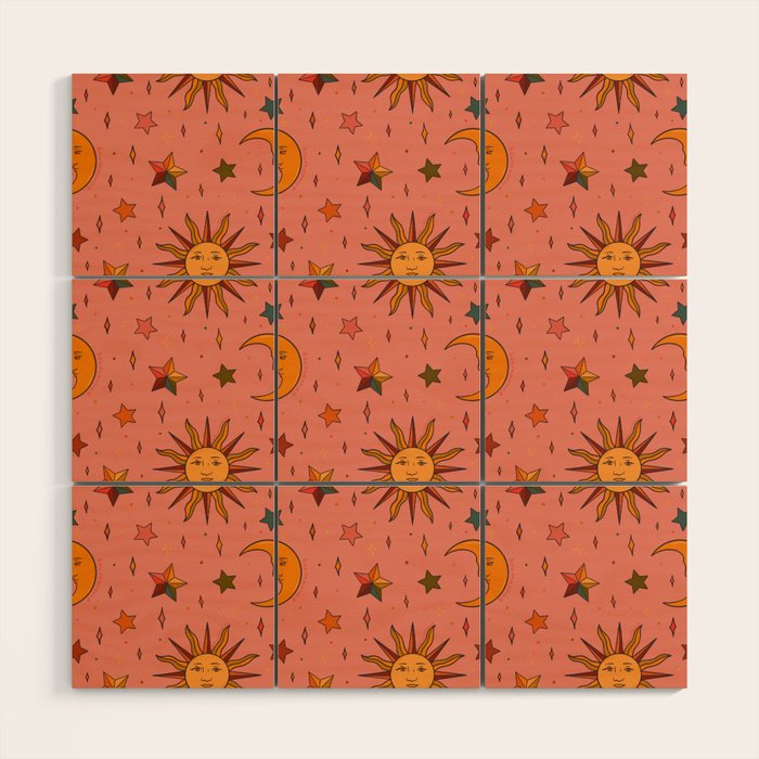Folk Moon and Star Print Wood Wall Art Gallery Image 1
