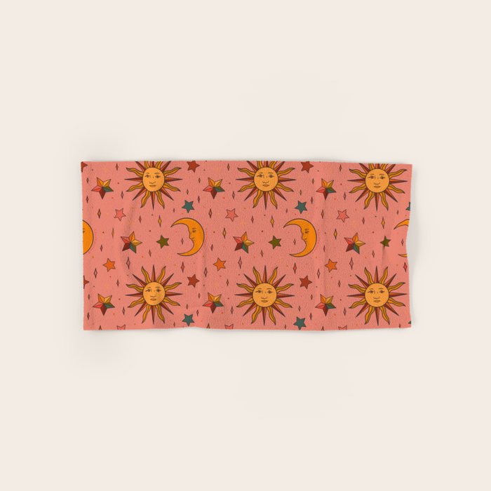 Folk Moon and Star Print Bath Towel Gallery Image 1