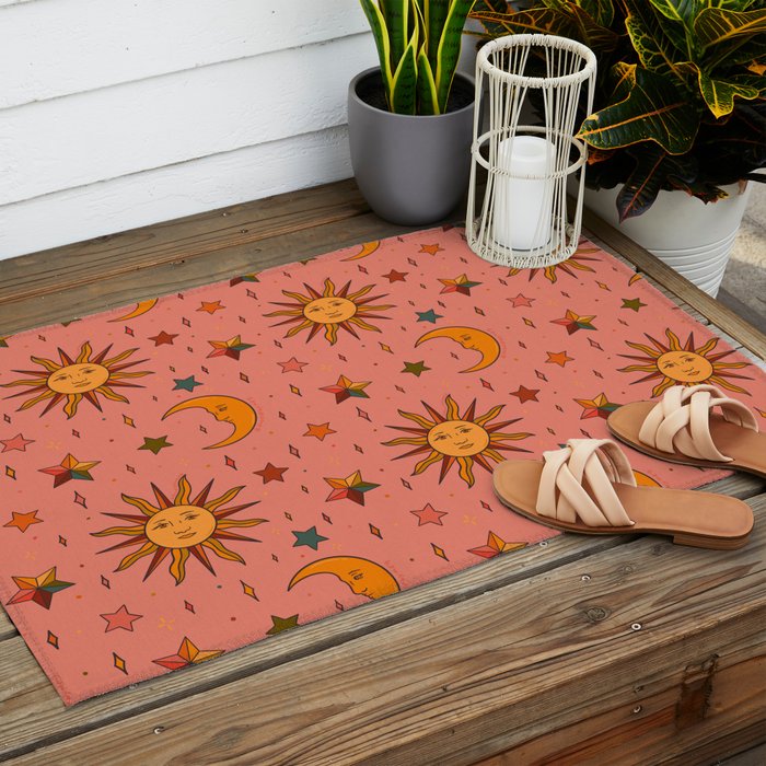 Folk Moon and Star Print Outdoor Rug Gallery Image 2