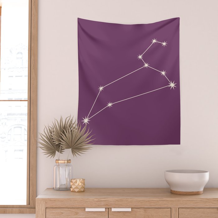 Leo Zodiac Star Constellation Line Art Mauve Purple Wall Tapestry Gallery Image 2
