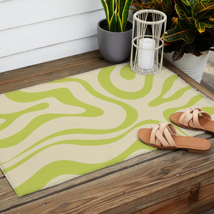 Modern Retro Liquid Swirl Abstract Pattern Vertical in Light Lime Linden Green Beige Outdoor Rug Gallery Image 2