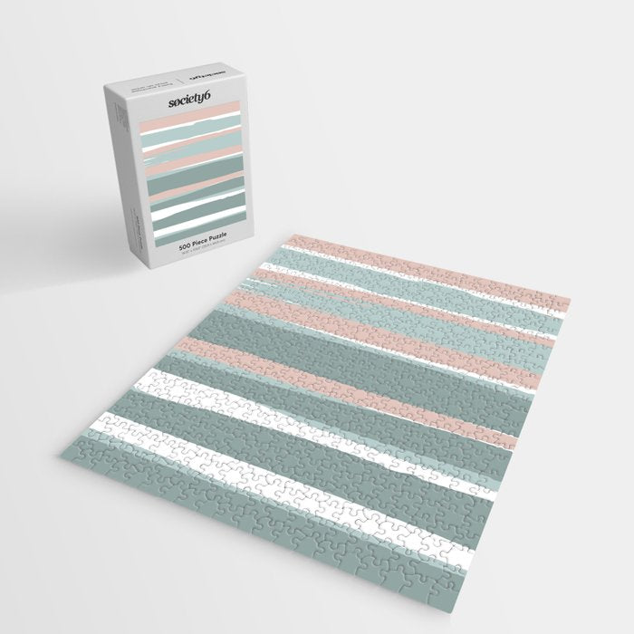 Festive, Abstract, Stripes Pattern, Pink, Green, White Jigsaw Puzzle Gallery Image 2