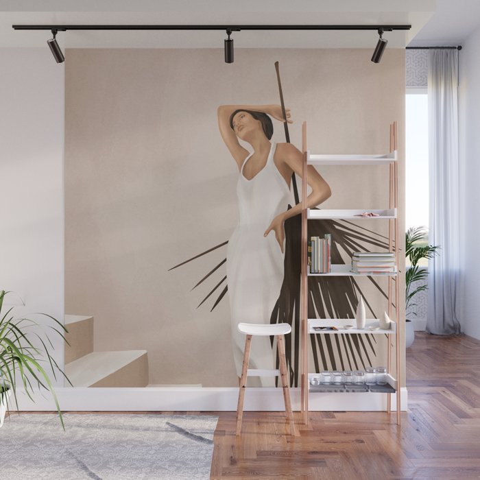 Minimal Woman with a Palm Leaf Wall Mural Gallery Image 1