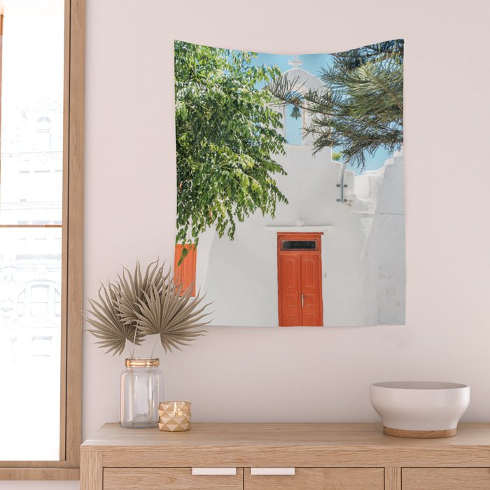 Orange Door in White Building in Greece - Summer Travel Wall Tapestry Gallery Image 2