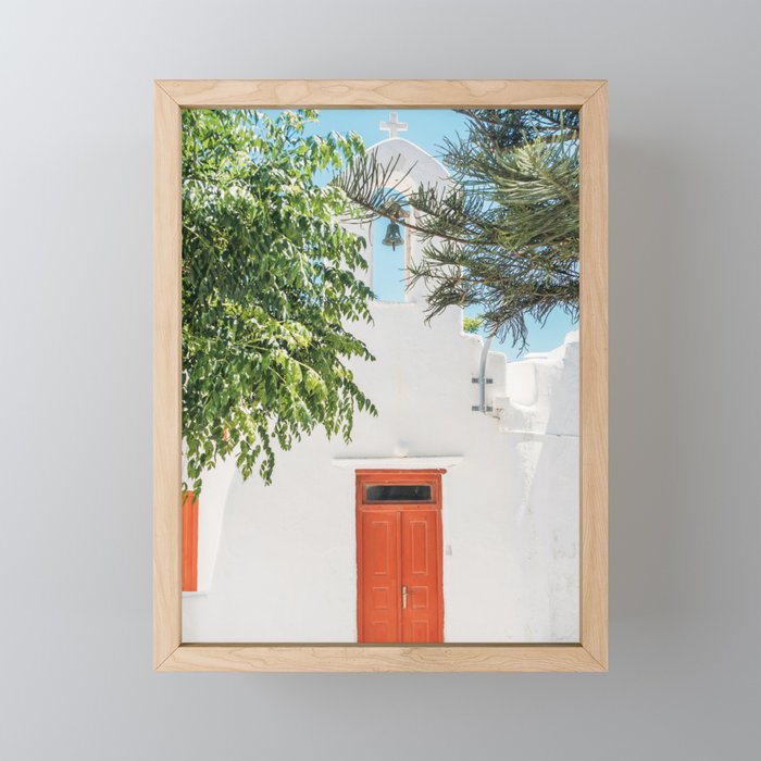 Orange Door in White Building in Greece - Summer Travel Mini Art Print