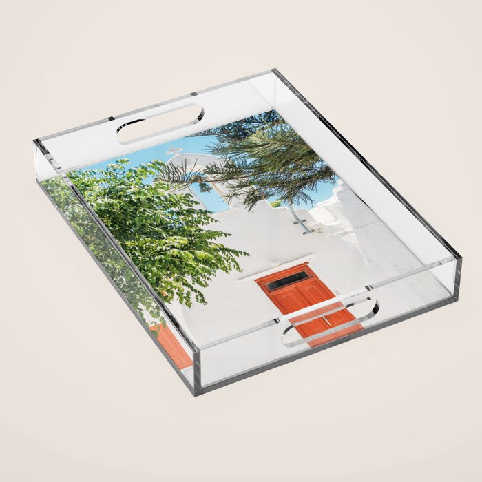 Orange Door in White Building in Greece - Summer Travel Acrylic Tray Gallery Image 1