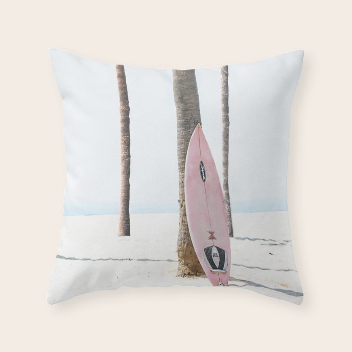 Pastel Pink Surfboard at Beach Throw Pillow Gallery Image 1