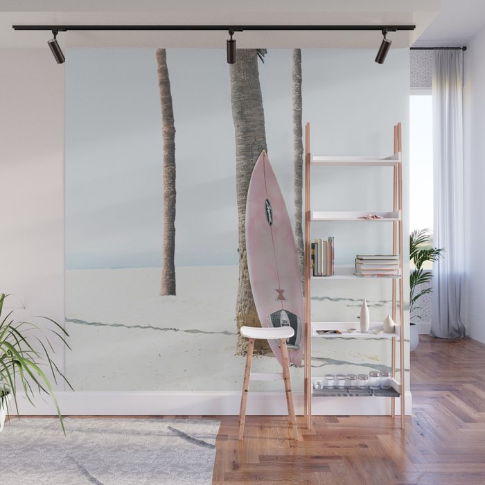 Pastel Pink Surfboard at Beach Wall Mural