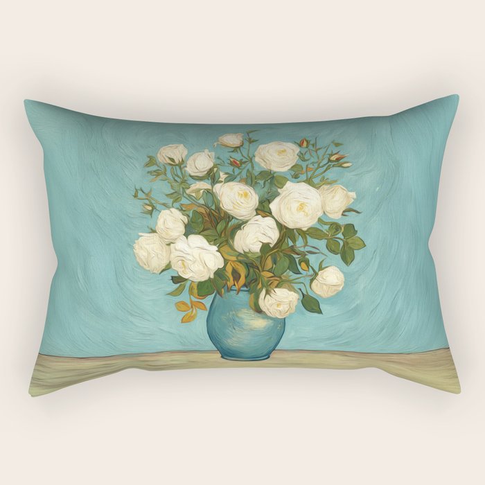 White Roses in Blue Vase Rectangular Pillow Gallery Image 1