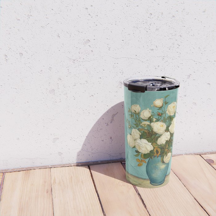 White Roses in Blue Vase Travel Mug Gallery Image 4
