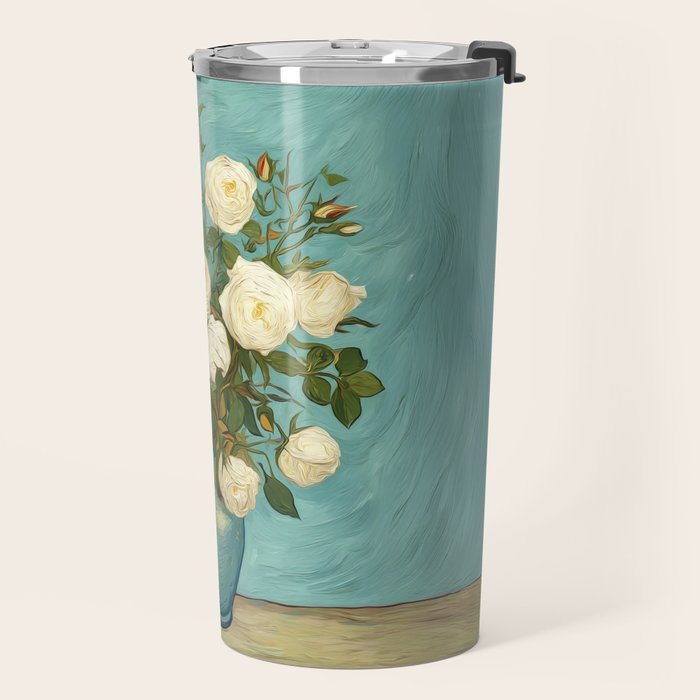 White Roses in Blue Vase Travel Mug Gallery Image 2