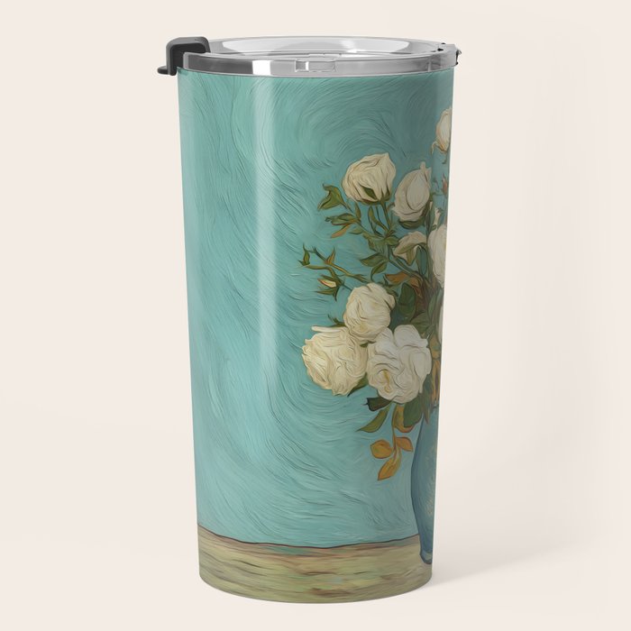 White Roses in Blue Vase Travel Mug Gallery Image 3