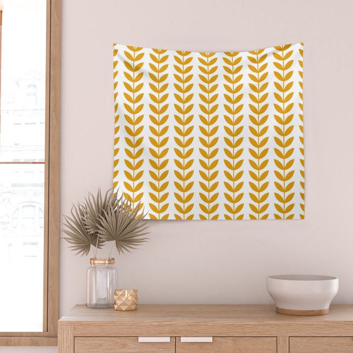 Mustard Scandinavian leaves pattern Wall Tapestry Gallery Image 2
