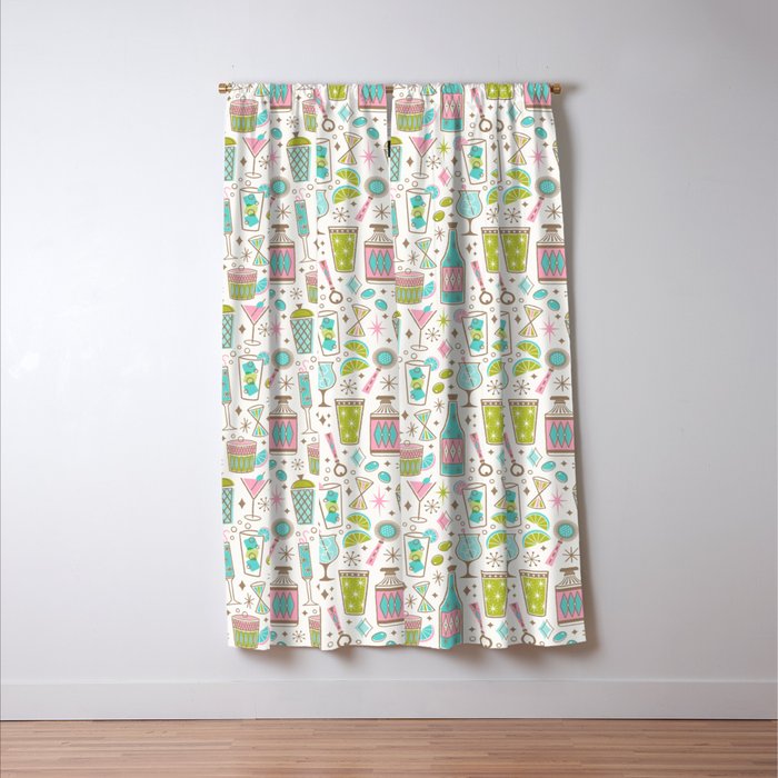 Retro Mid Century Happy Hour - Pink Green and Blue Window Curtain Gallery Image 3