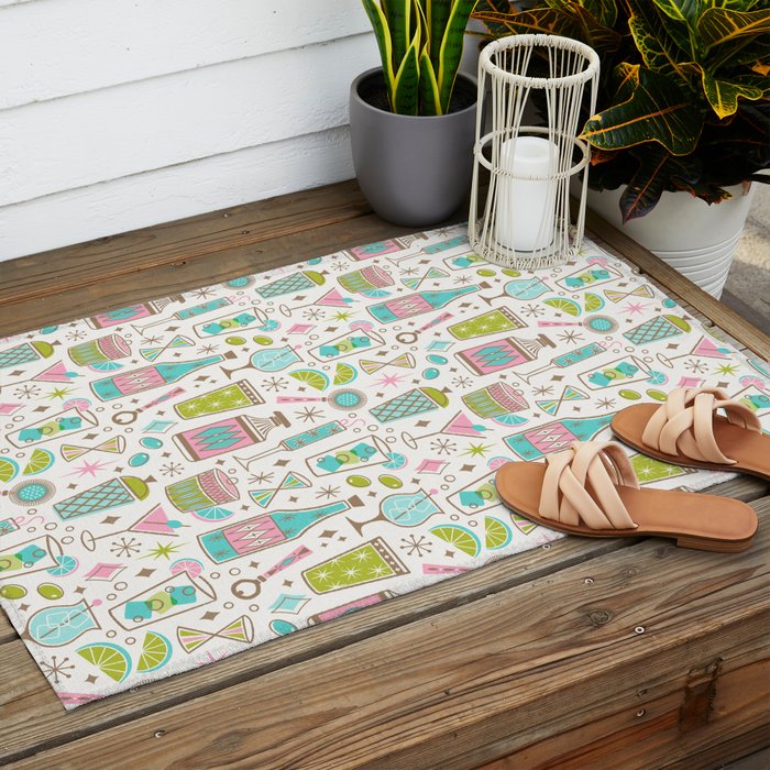 Retro Mid Century Happy Hour - Pink Green and Blue Outdoor Rug Gallery Image 2
